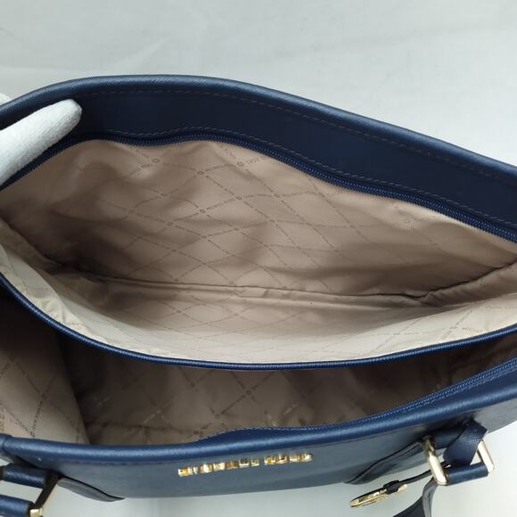 Michael Kors Navy Blue Leather Double Handles Zipper Closure Tote Shoulder Bag - Picture 14 of 16